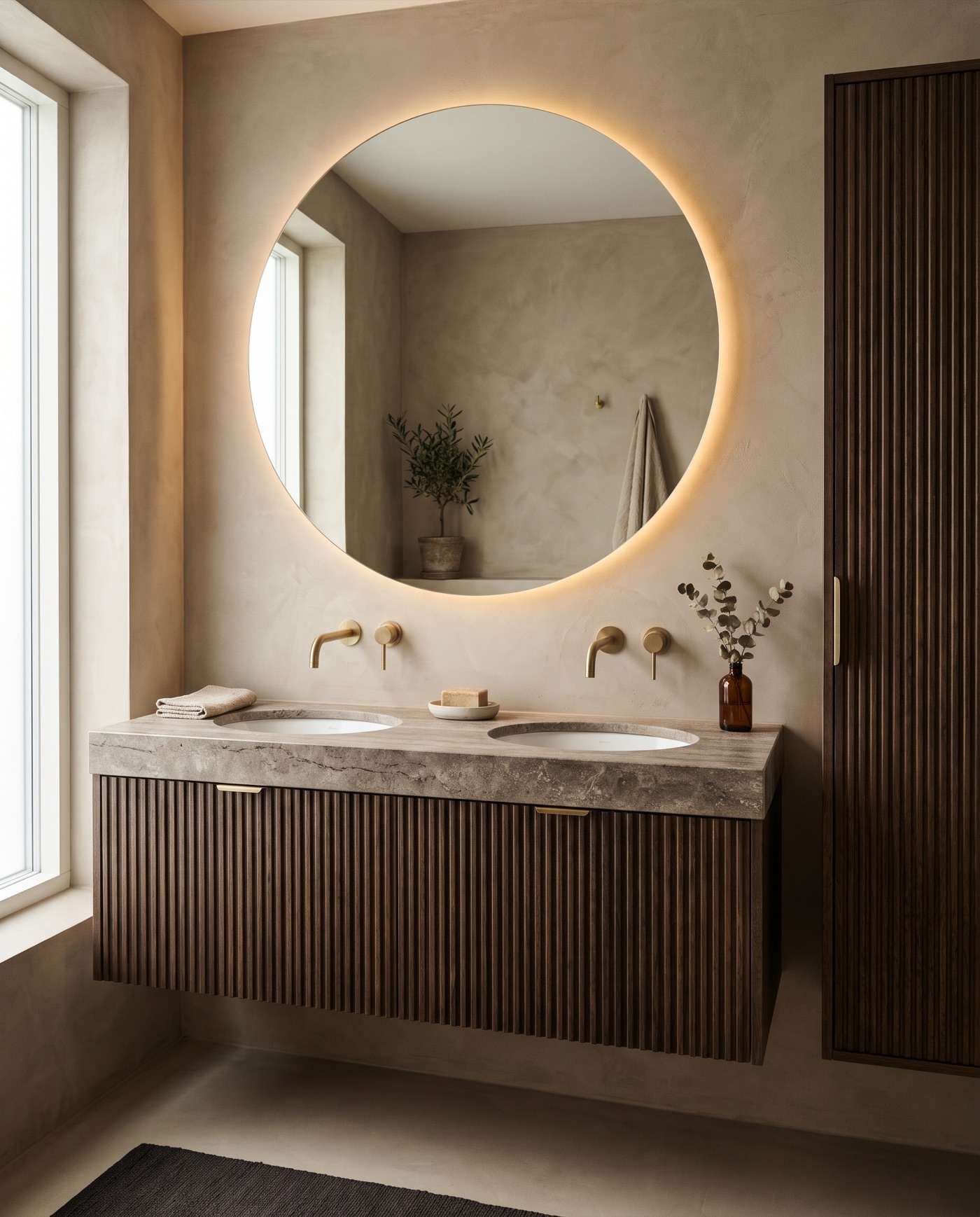 Kanallı füme meşe banyo dolabı, traverten tezgâh ve ışıklı yuvarlak ayna
