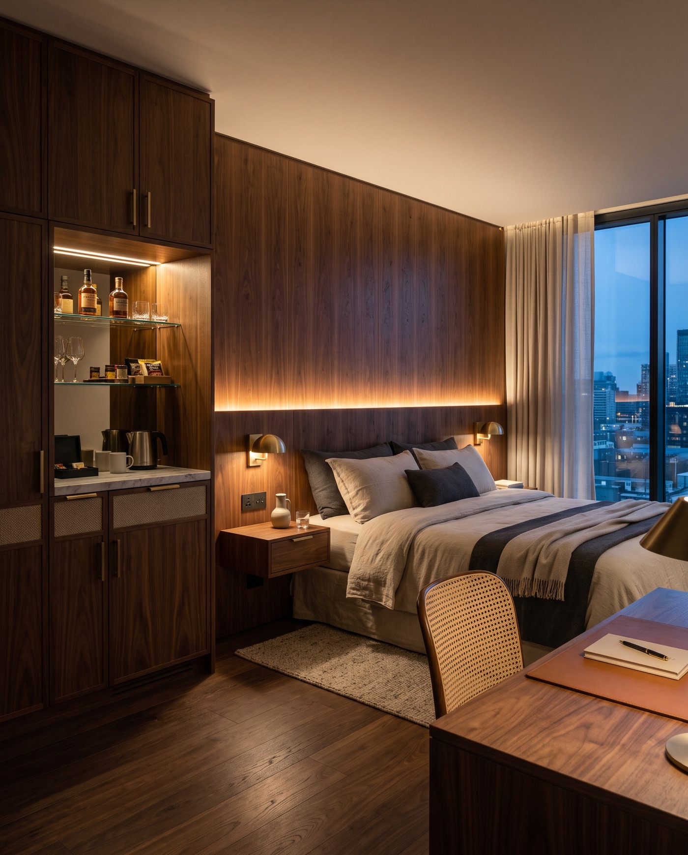 Ceviz başlık duvarı ve gömme dolaplı otel süiti